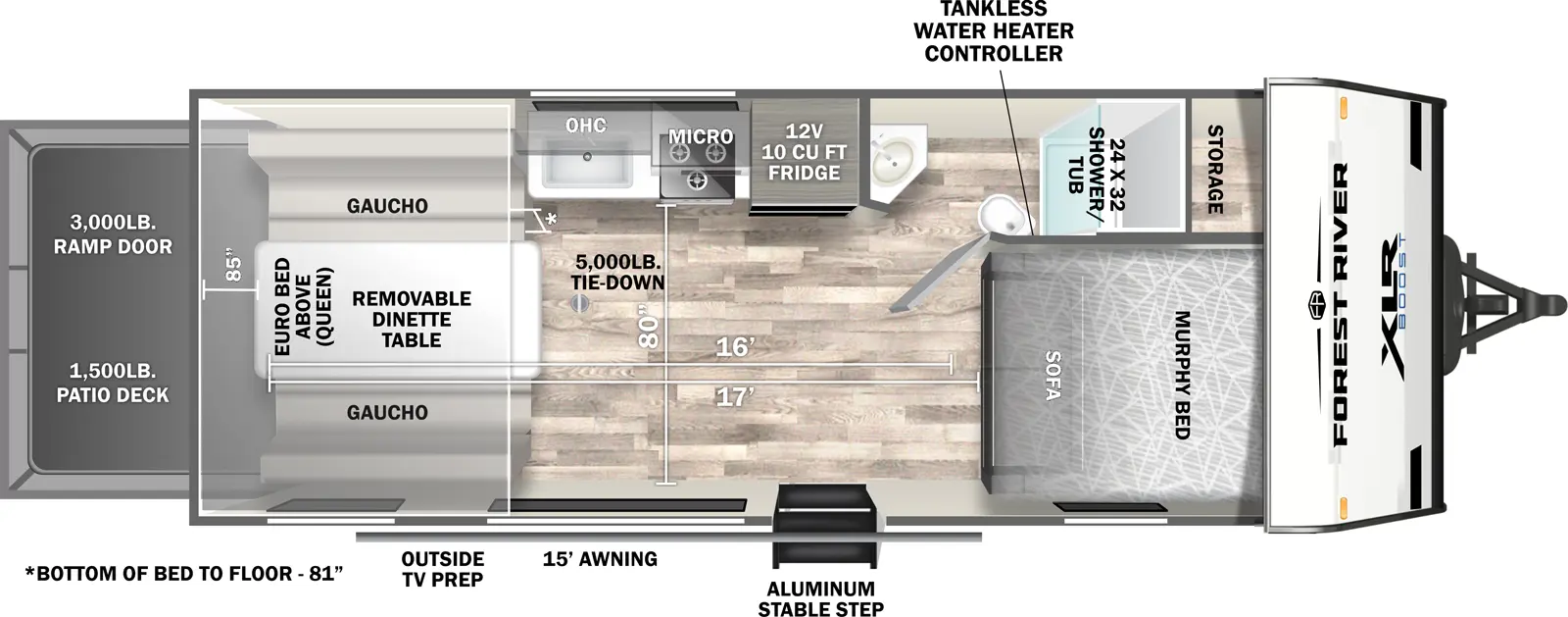 The XLR Boost 2017B floorplan is a toy hauler that has one entry and zero slide outs. Exterior features include: fiberglass exterior, 15' awning and  outside entertainment. Interiors features include: murphy bed.